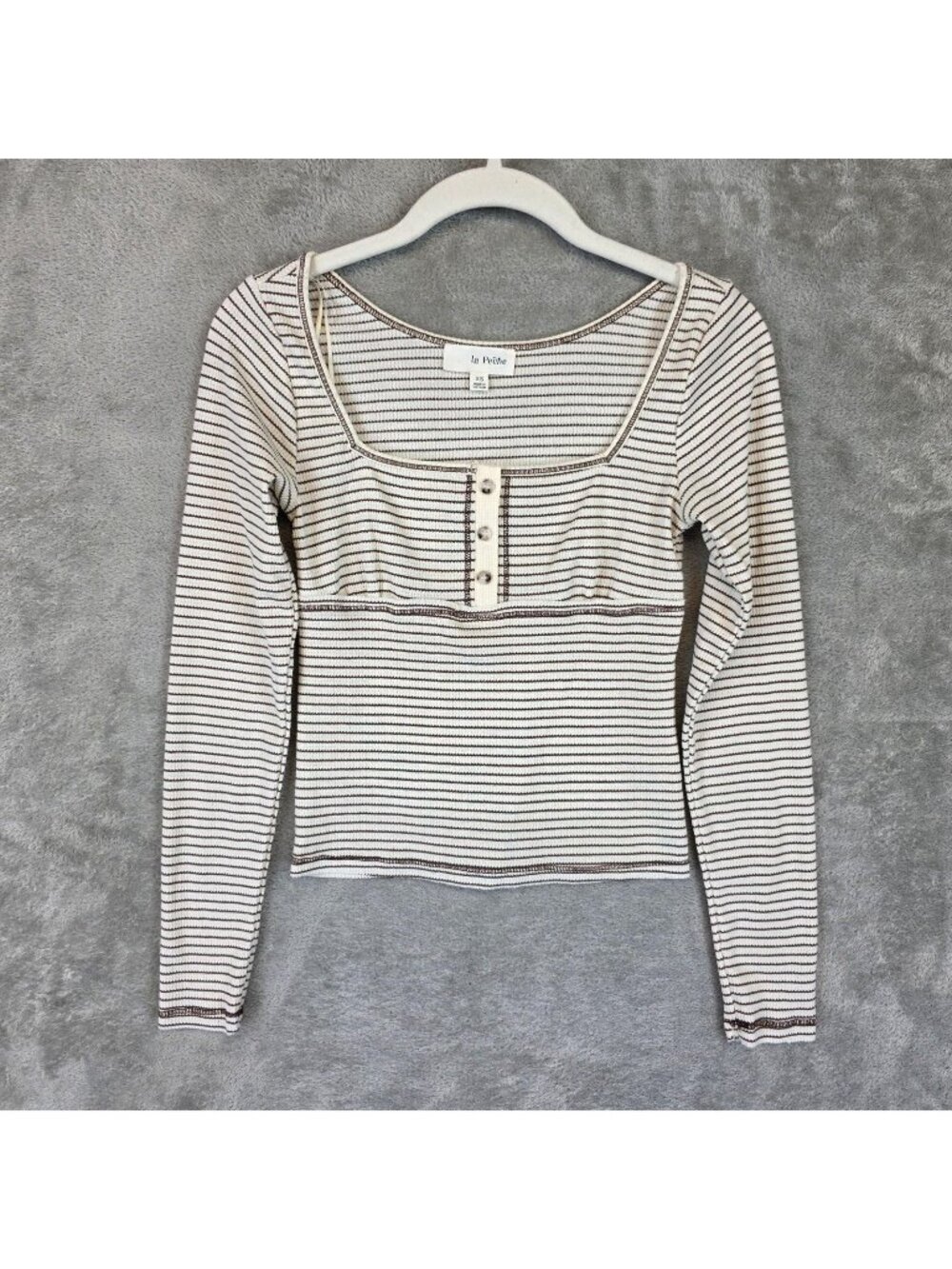 La Peche T-Shirt Womens XS White Striped Square Neck Long Sleeve Stretch Top